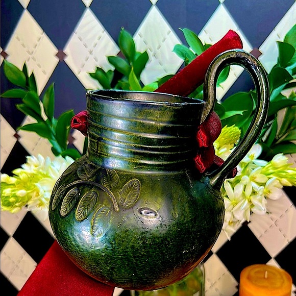 Vintage Mexican Folk Pottery Chocolate Jug – Green Glaze Floral Motif Handmade - Picture 14 of 17
